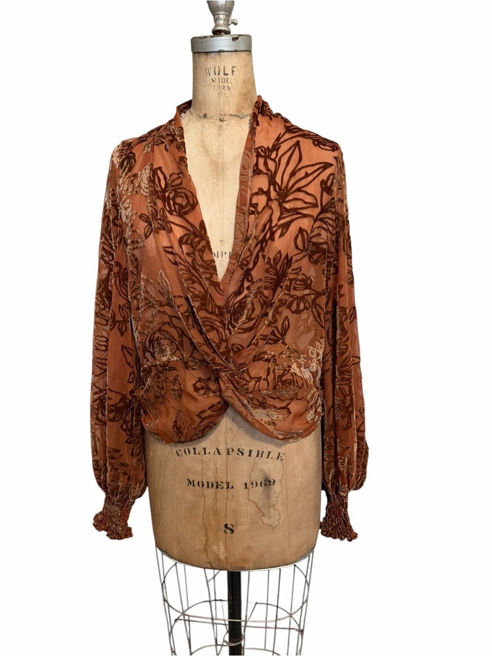 Caroline Constas NWT Bette Blouse Bronze Floral Devore Velvet Burnout Sheer XS